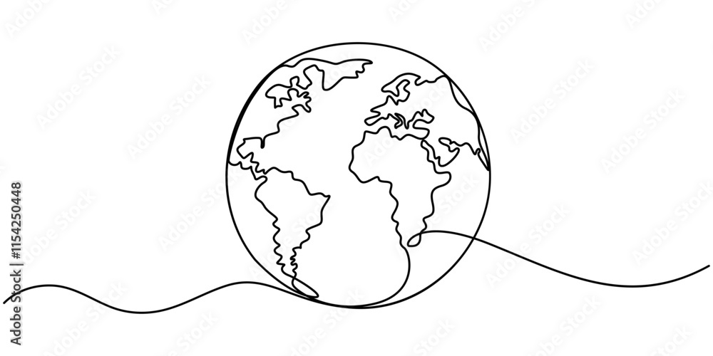 Poster Planet Earth Continuous Line Icon, Globe. Earth globe one line drawing of world map minimalist vector illustration isolated on white background. Continuous line drawing, pro vector illustration.