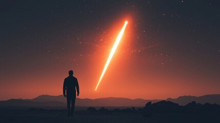 Fototapeta premium A silhouette of a person stands against a dramatic sky, gazing at a bright, streaking meteor illuminating the horizon.