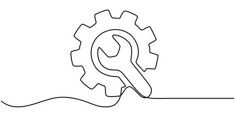 Continuous linear drawing of service symbol. Repair concept. One line drawn background. Vector illustration. Abstract linear background, Default Settings Continuous Line Editable Icon, tools icon. 