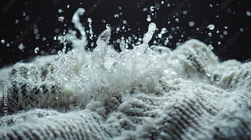 Poster water splashes on textured fabric, creating a dynamic, visually striking contrast between liquid and