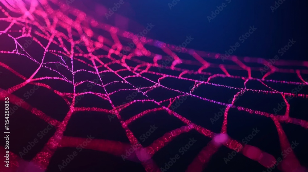 Poster a vibrant, close-up view of a spider web illuminated with neon pink hues against a dark background, 