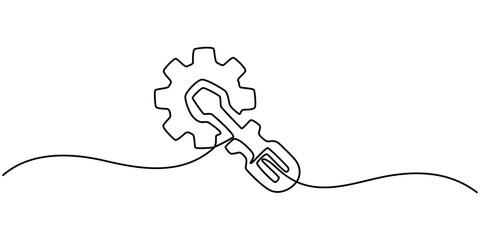 Obraz premium Continuous linear drawing of service symbol. Repair concept. One line drawn background. Vector illustration. Abstract linear background, Default Settings Continuous Line Editable Icon, tools icon. 