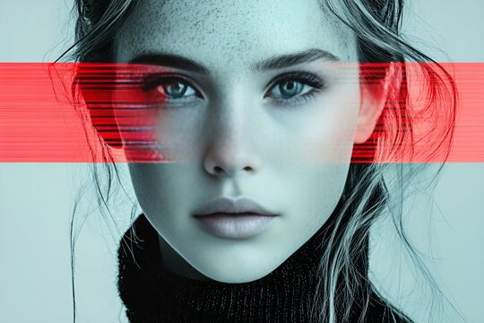 Close-up portrait of a woman with striking freckles, highlighted by a bold red accent line across the face