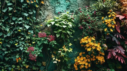 Lush Floral Decor: Vibrant Green Wall with Sunny Summer Garden and Blooming Flowers
