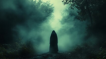 A hooded figure stands alone in a misty forest
