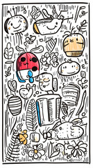 Whimsical garden doodle illustration, insects, flowers, background, design element.