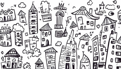 Fototapeta premium Whimsical Hand-Drawn Cityscape Sketch Diverse Architecture, Cloud Background, Design Element.