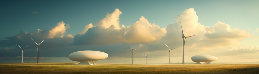 Obraz premium A serene landscape featuring wind turbines, futuristic structures, and soft clouds under a pastel sky.