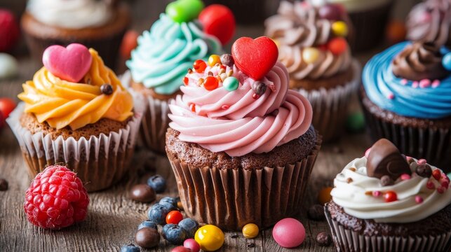 Colorful cupcakes with decorative toppings