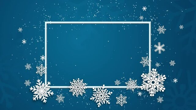 Winter boarder frame with snowflake over blue background. Loop animation. Copy space.
