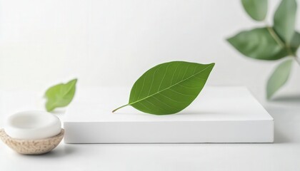 White Minimalist Product Display with Green Leaf and Bowl
