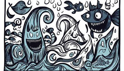 Whimsical ocean creatures playfully interact amidst swirling waves, perfect for children's book illustration.