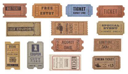 A collection of old vintage tickets isolated on white background