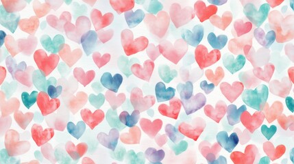 Colorful watercolor hearts background creates a cheerful and romantic atmosphere for various creative projects