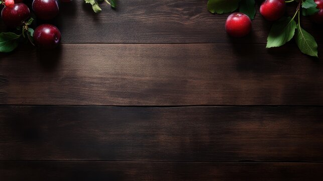 Fresh red plums and green leaves arranged on a rustic wooden table in a natural setting