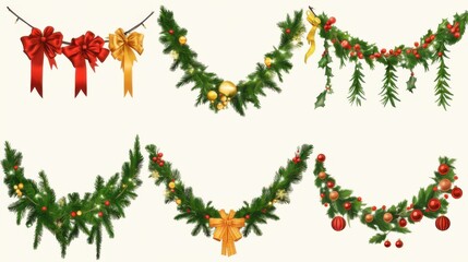 Naklejka premium Colorful Christmas garlands and wreaths with festive decorations hang on a light background