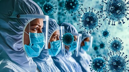 In a clinical setting, four healthcare professionals, wearing hazmat suits and masks, face the camera, symbolizing the battle against viruses. The scene conveys urgency and dedication amid the