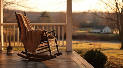 Rustic rocking chair on porch at sunset, overlooking tranquil countryside.
