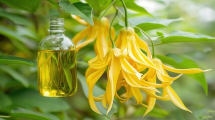 Ylang-ylang essential oil in bottle near blooming flowers.