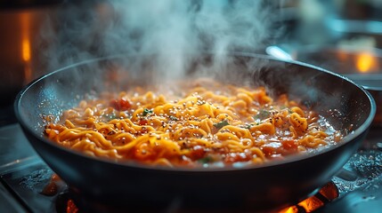 Steaming Noodles Cooking In A Pan With Tomatoes