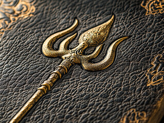 Fototapeta premium A leather-textured background with Shiva trident and damaru embossed in gold.