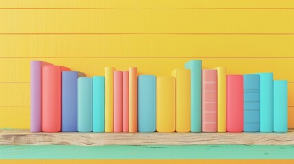 Colorful books on wooden shelf against yellow wall. (2)