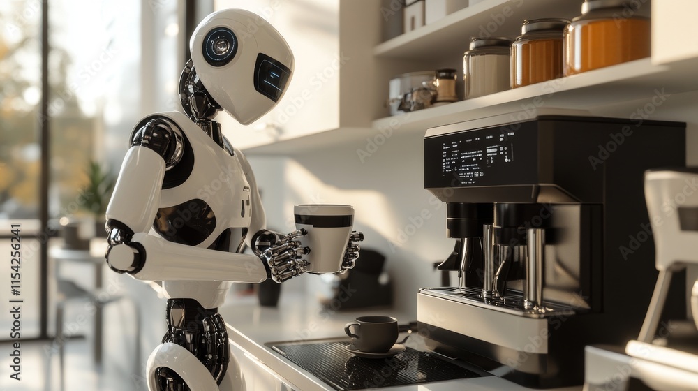 Poster a sleek, futuristic robot is seen preparing coffee in a contemporary kitchen. the robot's precise mo