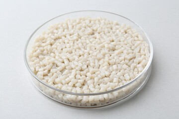 Plastic granules in petri dish on gray background, closeup