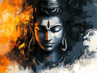 An abstract painting symbolizing Shiva cosmic power, using bold, sweeping brush strokes and dark hues.