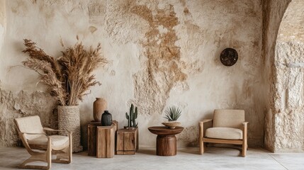Rustic interior with beige armchairs, wooden side table, and pampas grass.