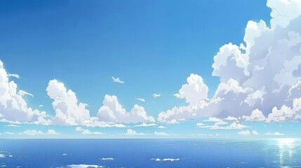 Naklejka premium Serene ocean scene with fluffy white clouds under a bright blue sky.