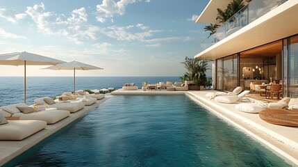Luxury beachfront villa with infinity pool, outdoor lounge, and ocean view.