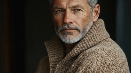 Obraz premium Older man in Mocha Mousse knit sweater with characterful features and natural charm