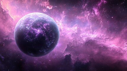 A vibrant purple nebula envelops a mysterious planet in this cosmic scene. The planet's surface displays intricate patterns, contrasting with the swirling gases.