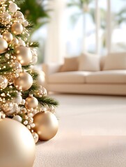 Christmas background. Christmas tree decorated in gold and beige and beige room