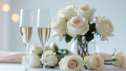 Elegant Table Setting with Champagne Glasses and White Roses for Wedding or Celebration