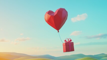 Fototapeta premium Colorful heart-shaped balloon carrying a gift box floats against a clear sky over rolling hills during sunset