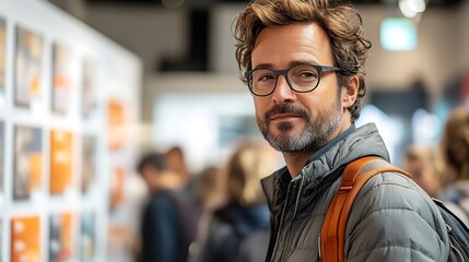 Obraz premium Man with Glasses at an Art Exhibition