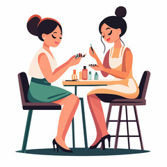 Professional nail artist providing beauty salon services to client in vector illustration