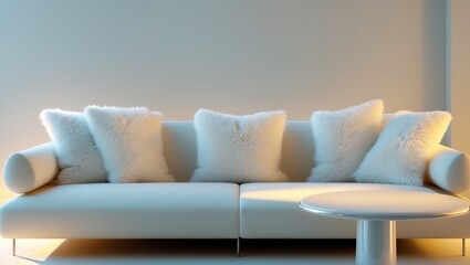 a couch with white pillows and a round coffee table