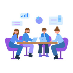 business team meeting with data analysis and laptops flat vector illustration