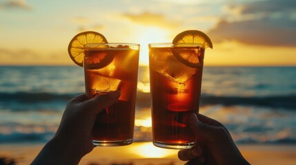 Two iced drinks toasting at sunset beach.