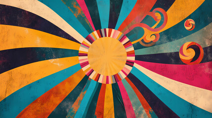 Psychedelic carnival poster background with radiant sun, rainbow spirals, bold circles, and funky ray elements, worn paper textures, retro circus vibes. Parhelia. Illustration