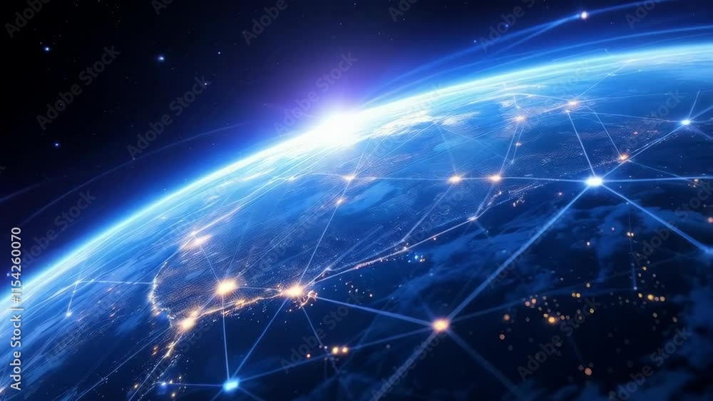 Poster global digital network connection over earth. space view of planet with illuminated cities and commu