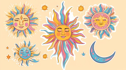 Retro hippie stickers: groovy psychedelic sun rainbow design bundle. Parhelia. Illustration