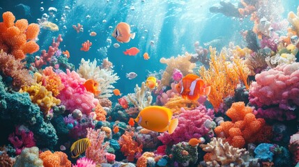 Obraz premium Vibrant Coral Reef Ecosystem With Colorful Fish Swimming