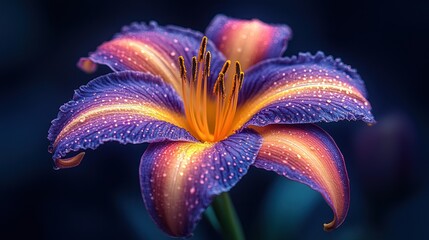 Close-up of a vibrant purple and orange daylily with water droplets.