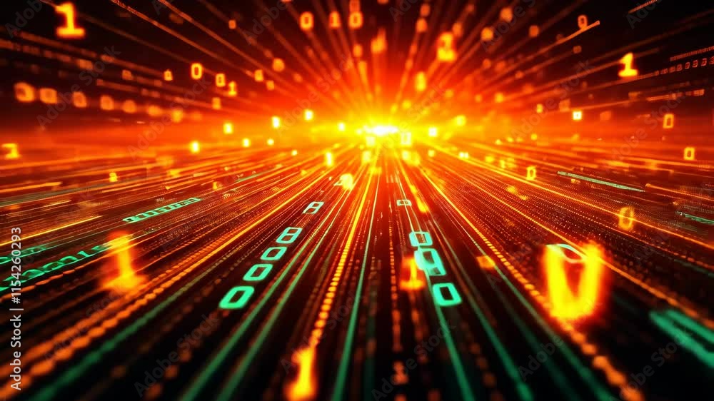 Poster digital binary code matrix explosion with flying numbers. abstract technology background with orange