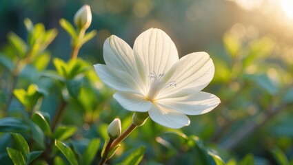 Fototapeta premium Delicate white flower blooming in green foliage during sunny daylight
