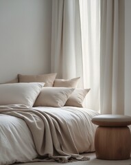 comfortable bed with pillows and blanket placed near footstool in bedroom during daytime
